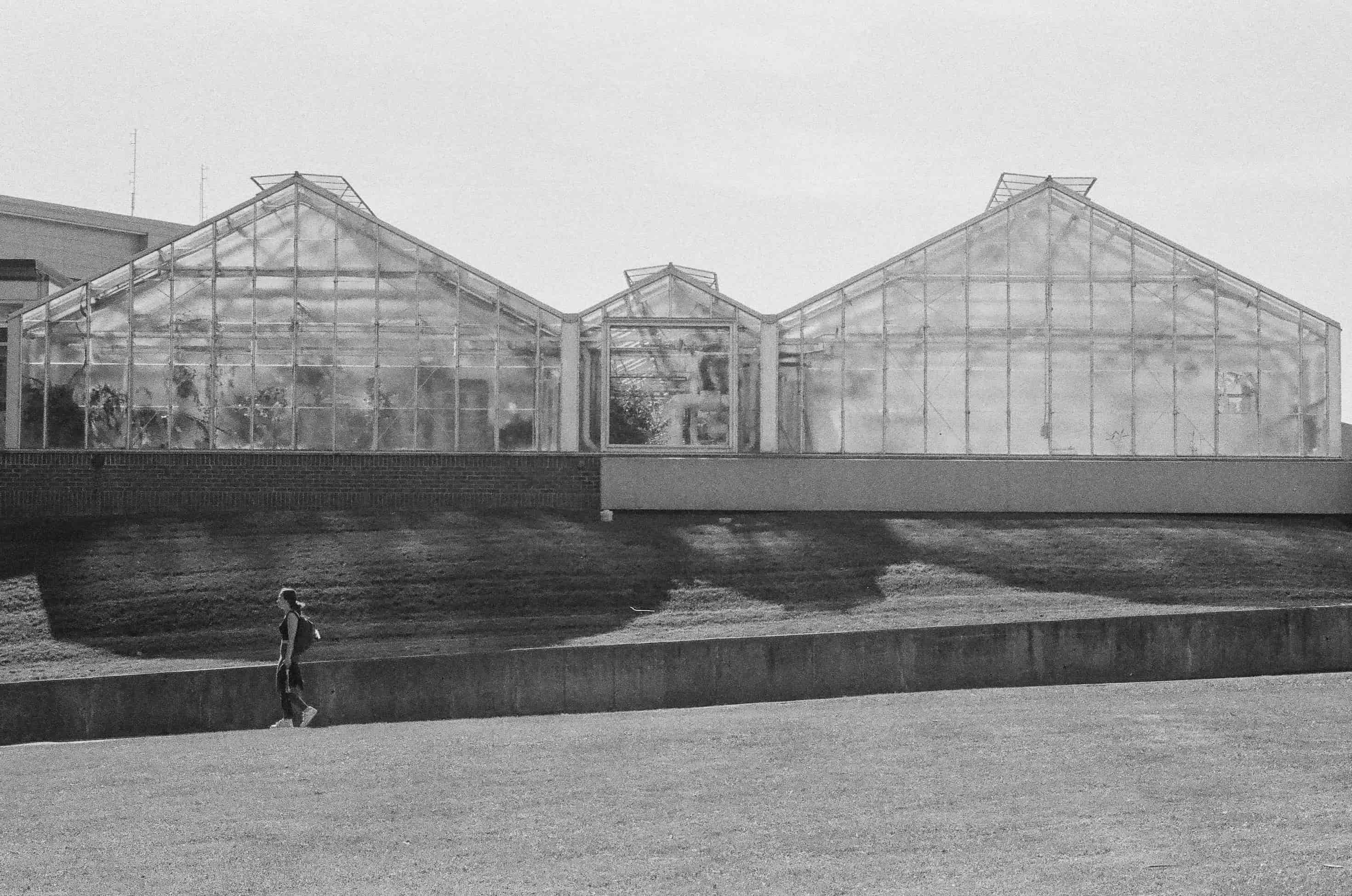 Student walking by a greenhouse